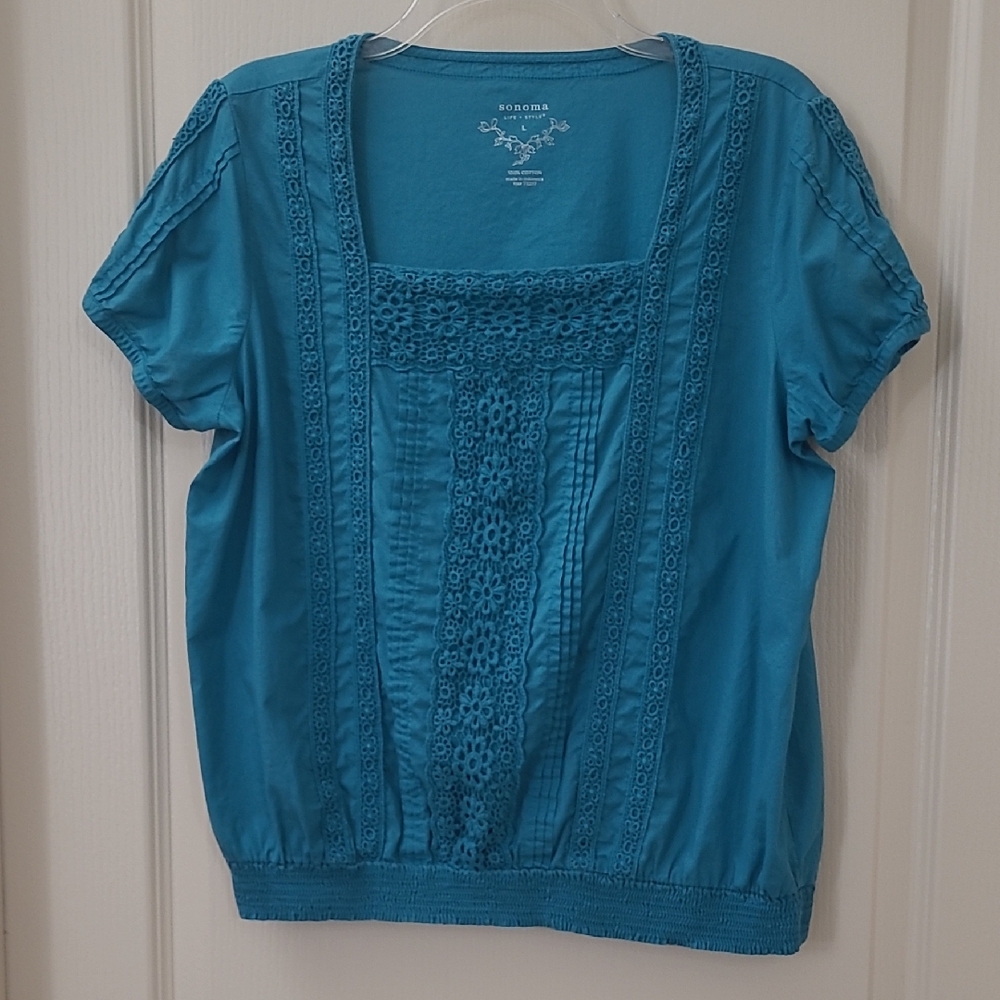 SONOMA Blue Lace Accent Women's Blouse Size L